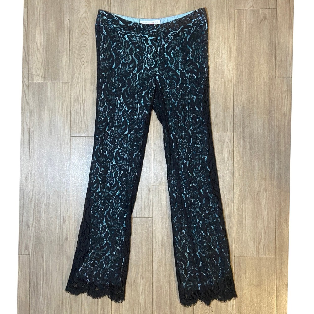 Trina Turk Women's Black Floral Lace Pants *FLAW* Blue Lining Bootcut Size 6